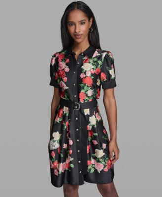 Women's Printed Belt Collared Dress