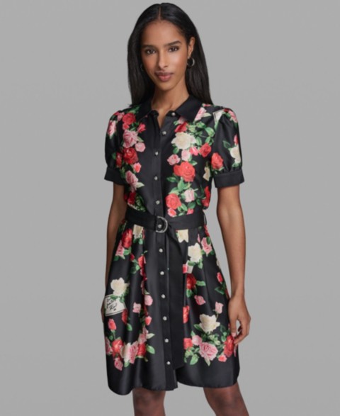 Женские KARL LAGERFELD PARIS Women's Floral Printed Belt Collared Dress