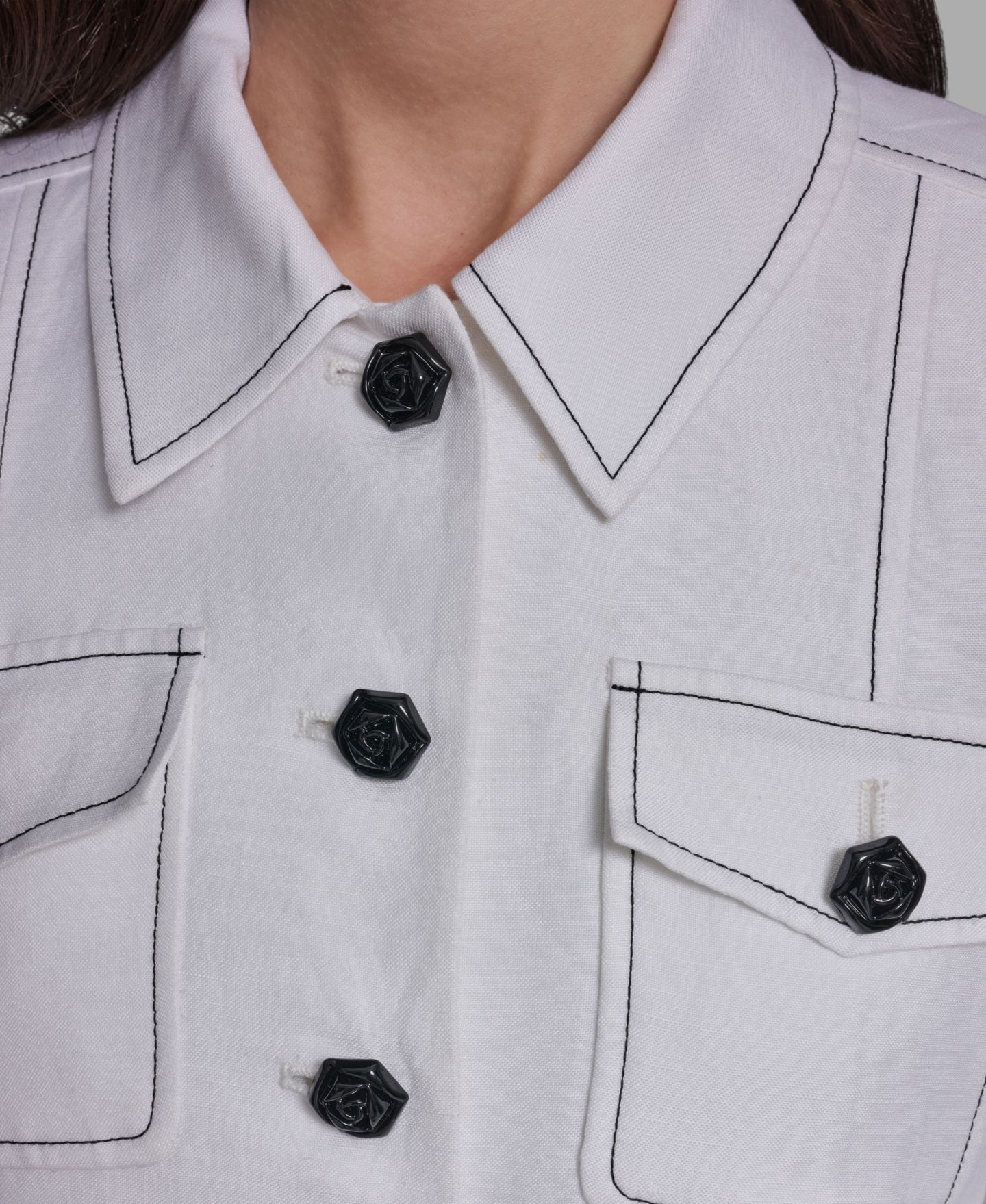 Женская куртка KARL LAGERFELD PARIS Linen-Blend Pocket Detail Collared, цвет: Мягкий белый — фото 4