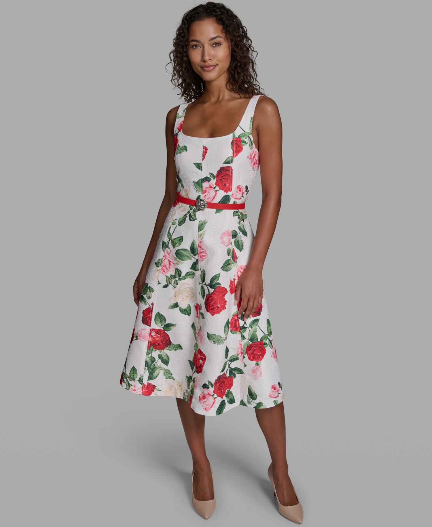 Women's Sleeveless Square Neck Belted Floral Dress