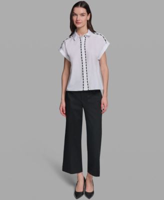 Women's Collared Eyelet Trim Top