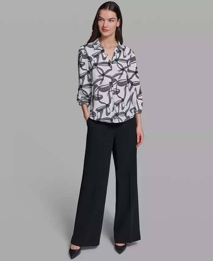 Women's Bow Print Woven Collared Top - thumbnail 2