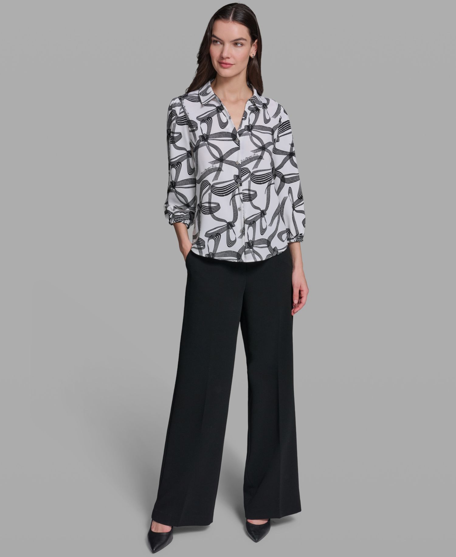 Women's Bow Print Woven Collared Top