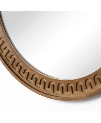 25.8'' Round Wall Mirror, Carved Rubberwood Frame, Living Room Wall Accent