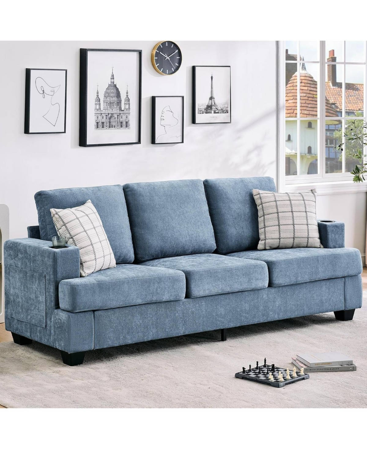 gaomon 89 Comfy Couches with Deep Seat, Modern 3-Seater Sofa Cup Holders and Side Storage Pockets for Living Room Apartment Lounge