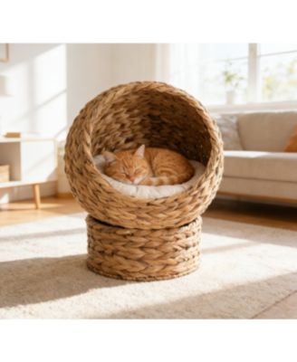 Handwoven Cat Retreat: Elevated Bed with Soft Cushion and Egg-Shaped Design, Wicker Frame with Stand
