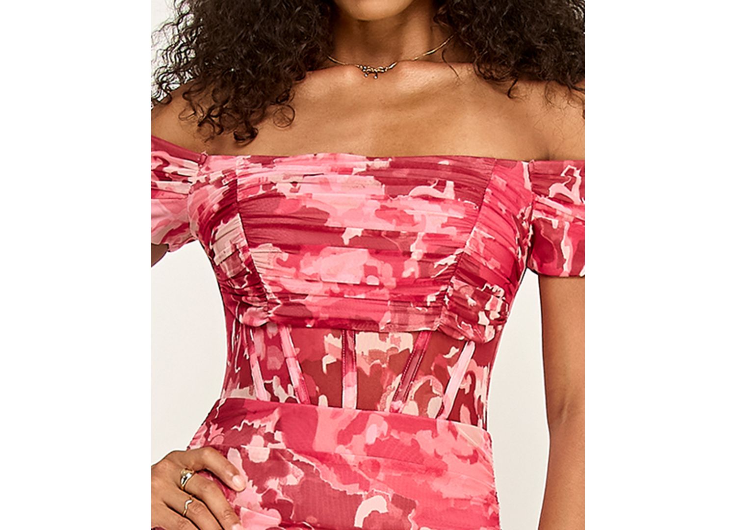 Juniors' Printed Off-The-Shoulder Corset Ruched Midi Dress