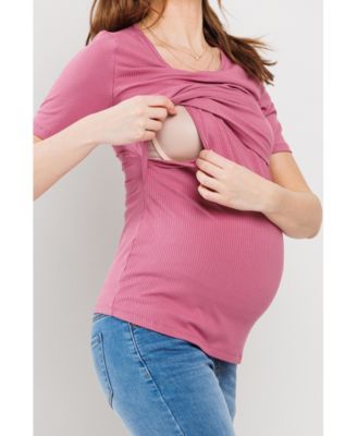 Maternity Short Sleeve Ribbed Crossover Nursing T-Shirt