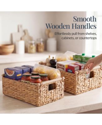 Wicker Storage Basket, Shelf Basket w/ Wooden Handles, Rectangular Storage Bin