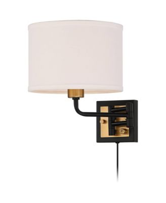 Joelle Modern Swing Arm Wall Lamps Set of 2 Brass Black Plug-in Light Fixture Fabric Drum Shade for Bedroom Bedside Living Room Reading