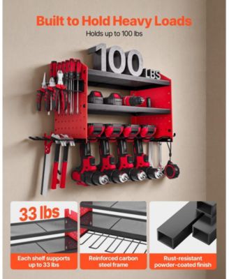Wall-Mount Power Tool Organizer, 3-Tier Storage Rack with 4 Drill Holders, Side Pegboards, Garage Tool Storage Rack