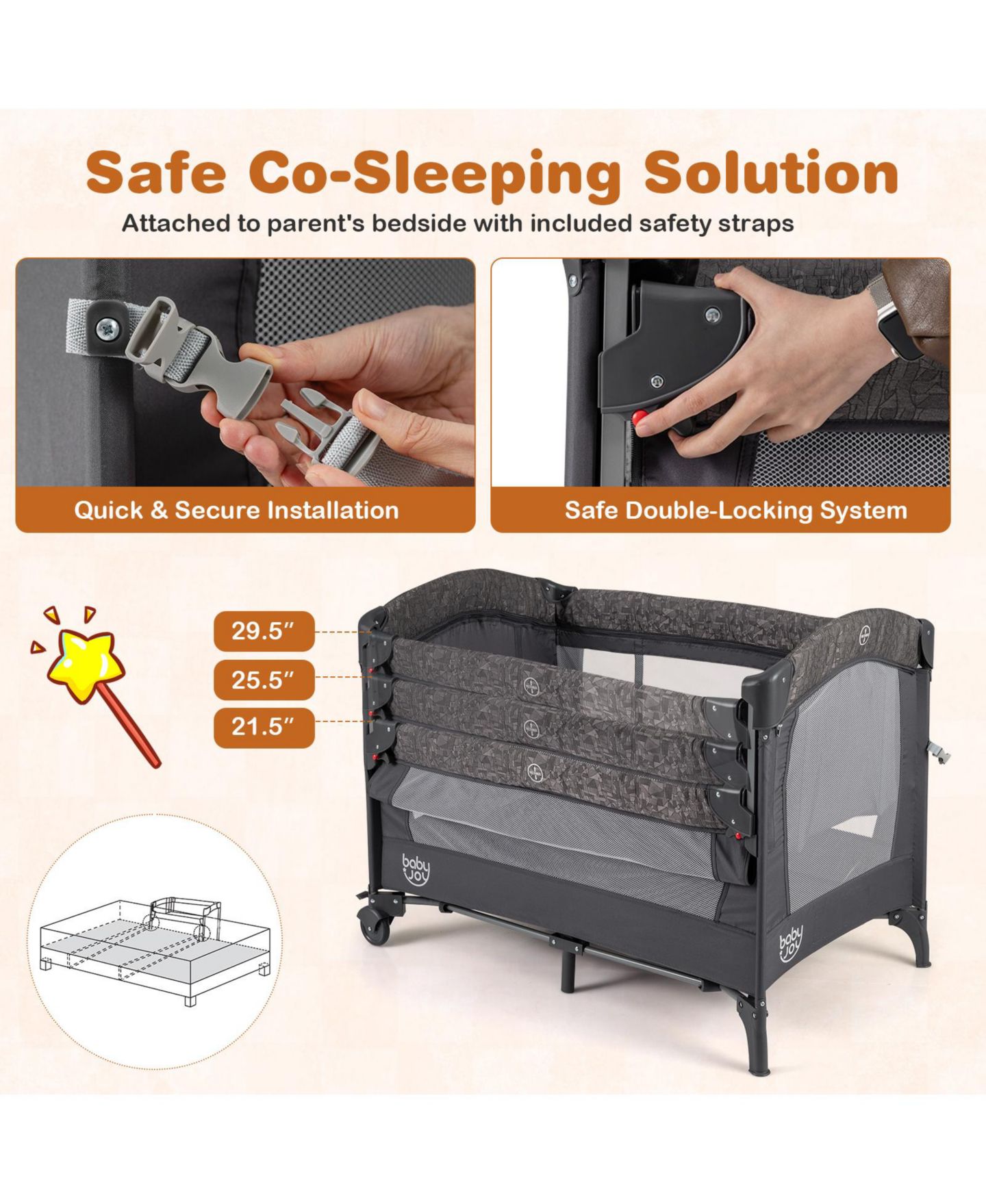 Детские мягкие игрушки SUGIFT 5 in 1 Bedside Bassinet with Diaper Changer and Mattress, цвет: Серый — фото 9