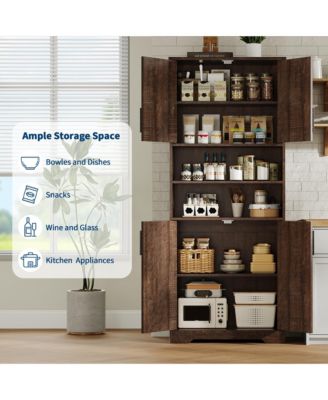 67" Tall Bathroom Cabinet, Freestanding Wooden Storage with 4 Doors, 2 Open Compartments, Adjustable Shelves, Microwave Stand