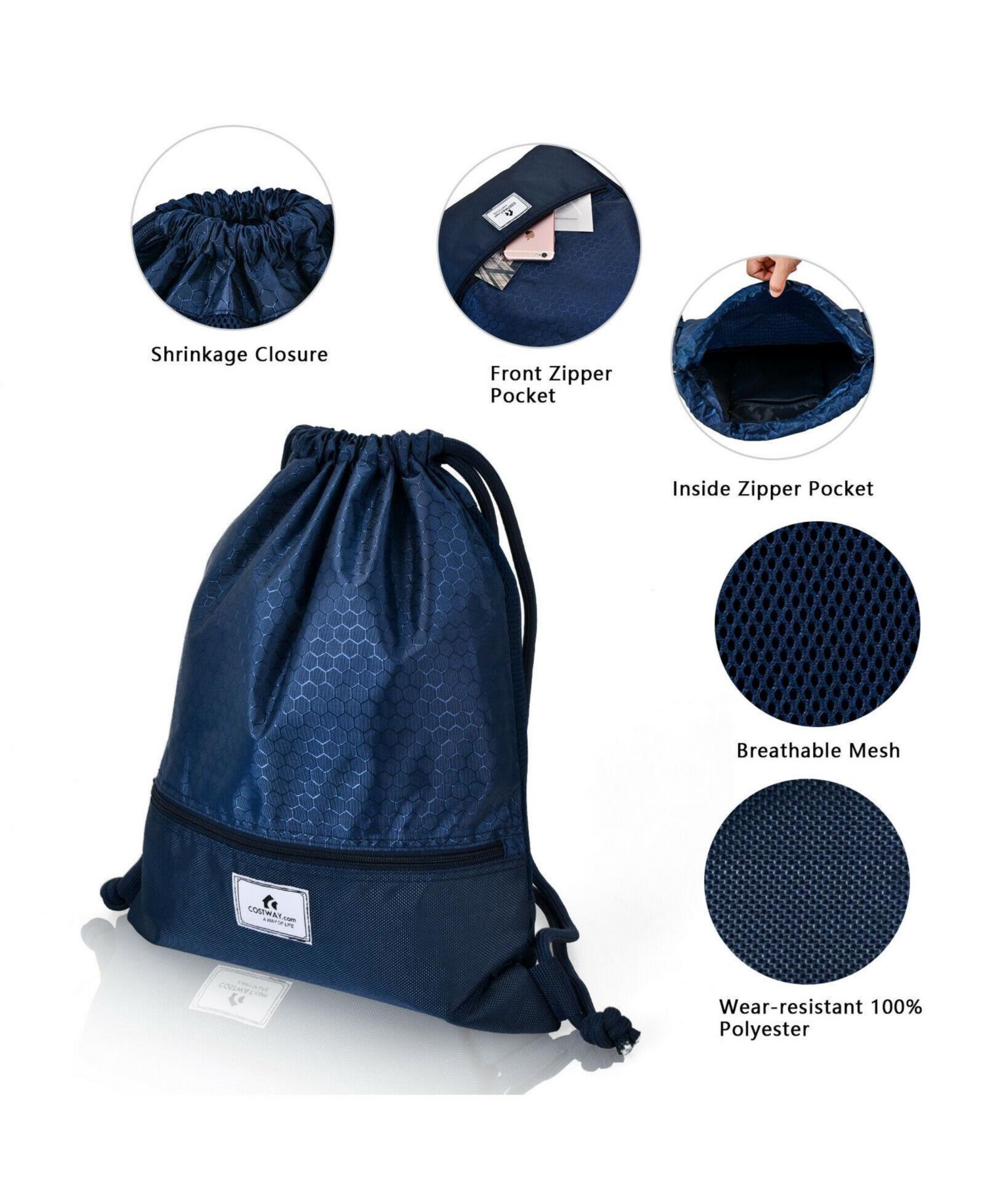 Drawstring Backpack String Bag with Zipper Pocket Foldable Design