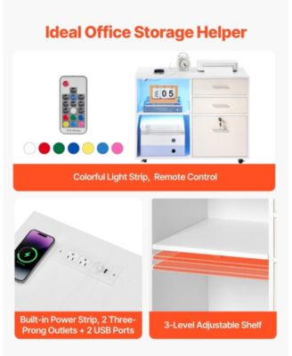 3 Drawer Wooden File Cabinet, Mobile Filing Cabinet with Light Strip, Lockable Rolling File Storage with Adjustable Shelves and 5 Wheels, Free