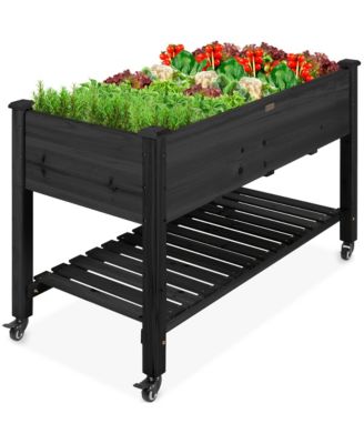 Raised Garden Bed 48" x 23" x 32" Wood Mobile Elevated Planter with Wheel Locks, Shelf and Liner