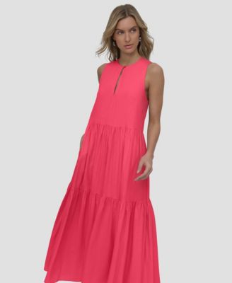 Women's Sleeveless Keyhole Crewneck Tiered Maxi Dress