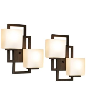 Modern Wall Light Sconces Set of 2 Bronze Hardwired High 2-Light Fixture Square Opal Glass for Bedroom