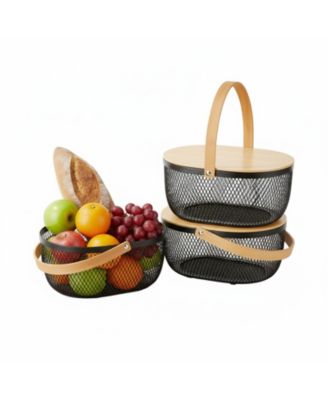 4 Stackable Metal Mesh Fruit Baskets With Lids Oval Wire Storage Handles Pantry Organizer For Kitchen Vegetables