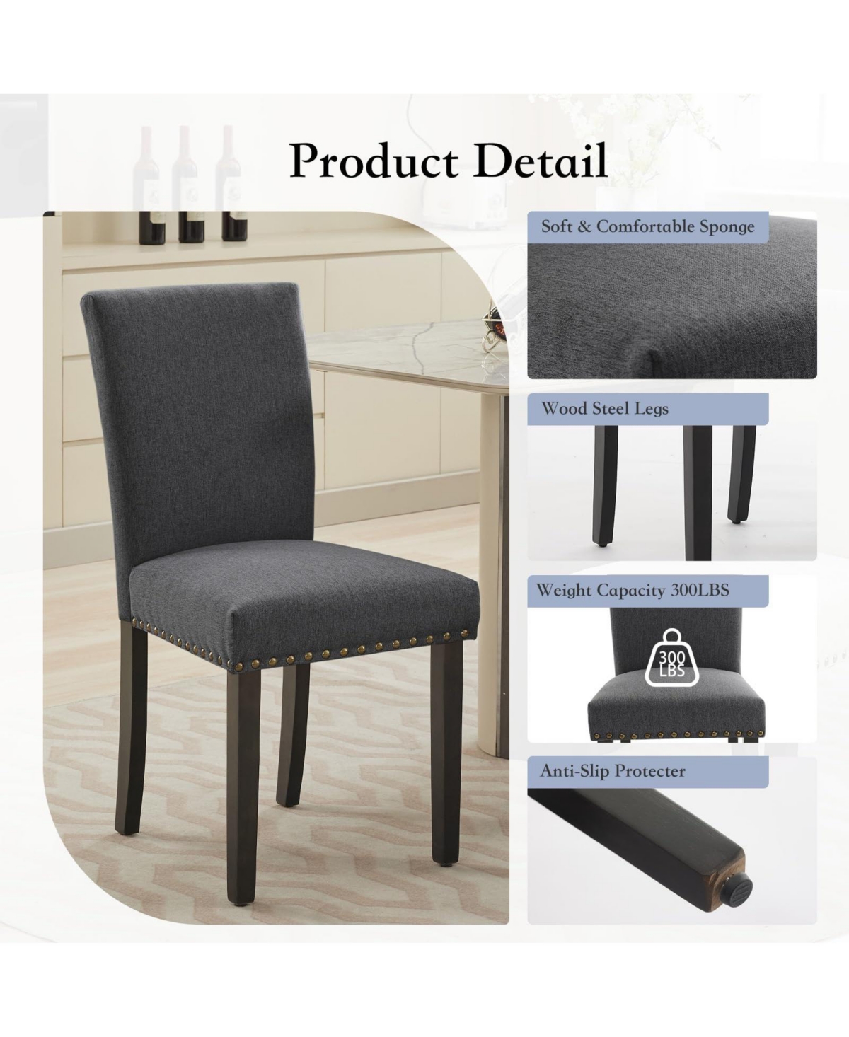 gaomon Set of 2 Upholstered Parsons Dining Chairs with Nailhead Trim and Solid Wood Legs