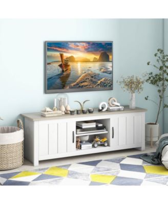 Two-Tone 57-Inch TV Stand with Cabinets and Open Shelves