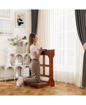 Acacia Wood Prayer Kneeler Bench with Storage Shelf and Soft Cushion, Comfortable Wooden Kneeling Meditation Seiza Stool for Praying
