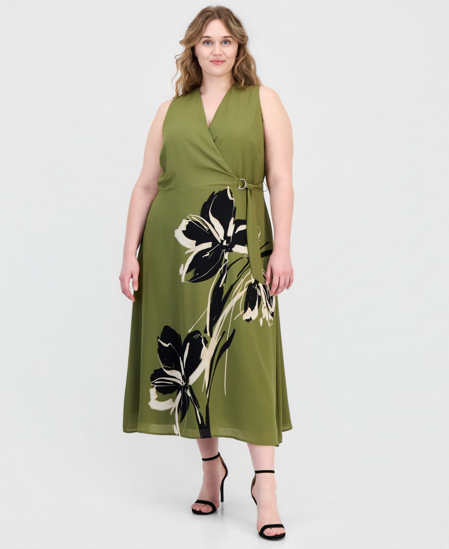 Plus Size Faux-Wrap A-Line Midi Dress