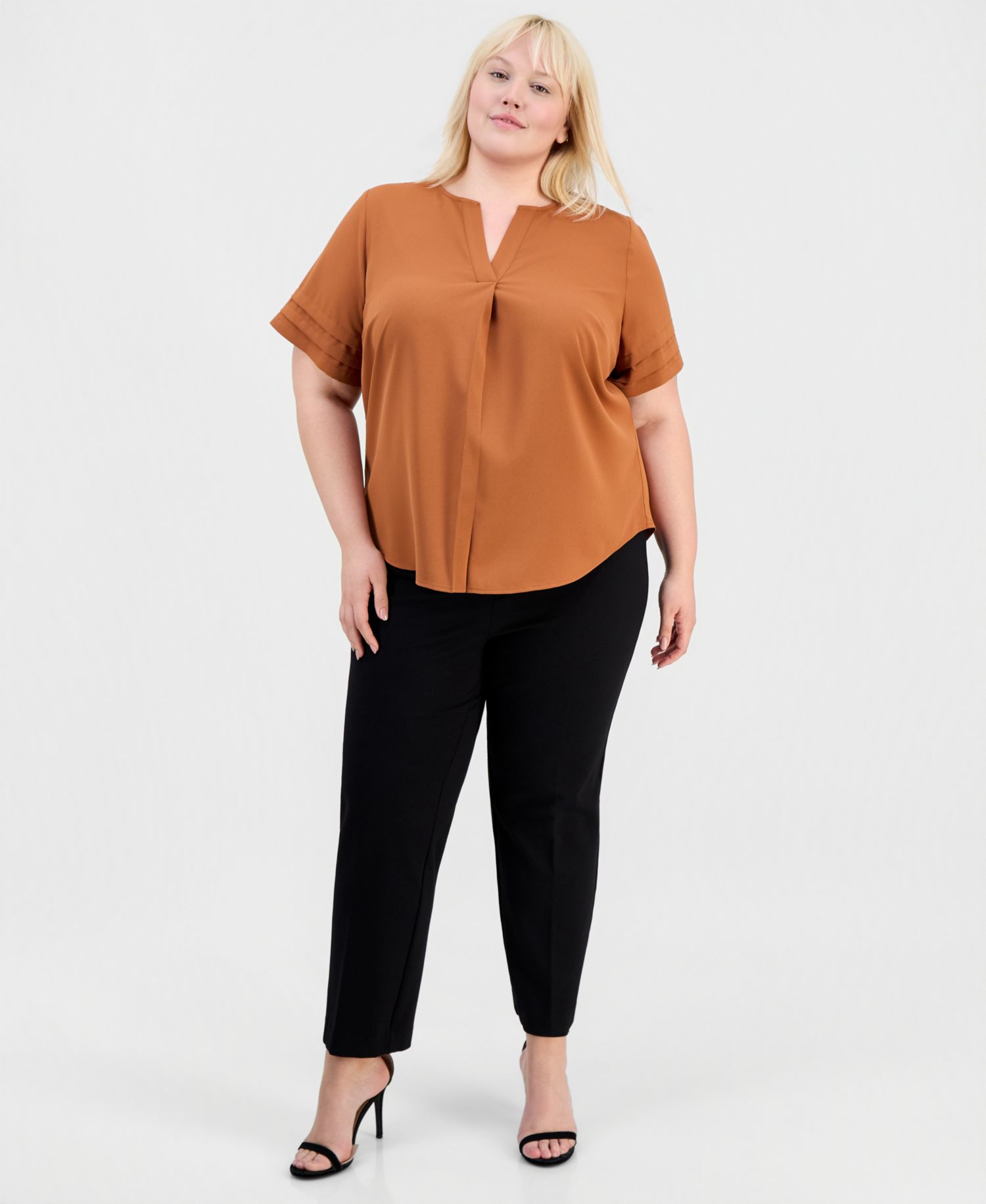 Petite Pleated-Sleeve Split-Neck Top
