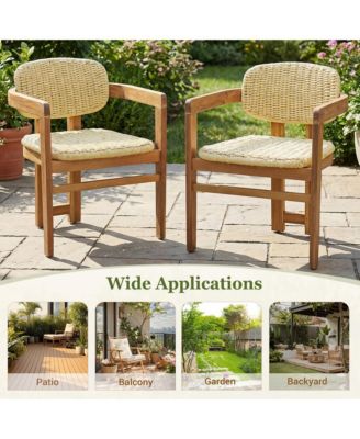 Outdoor Woven Rattan Chair Set of 2, Comfortable Garden Seating, Acacia Wood Accent Chairs with Backrest for Backyard, Porch