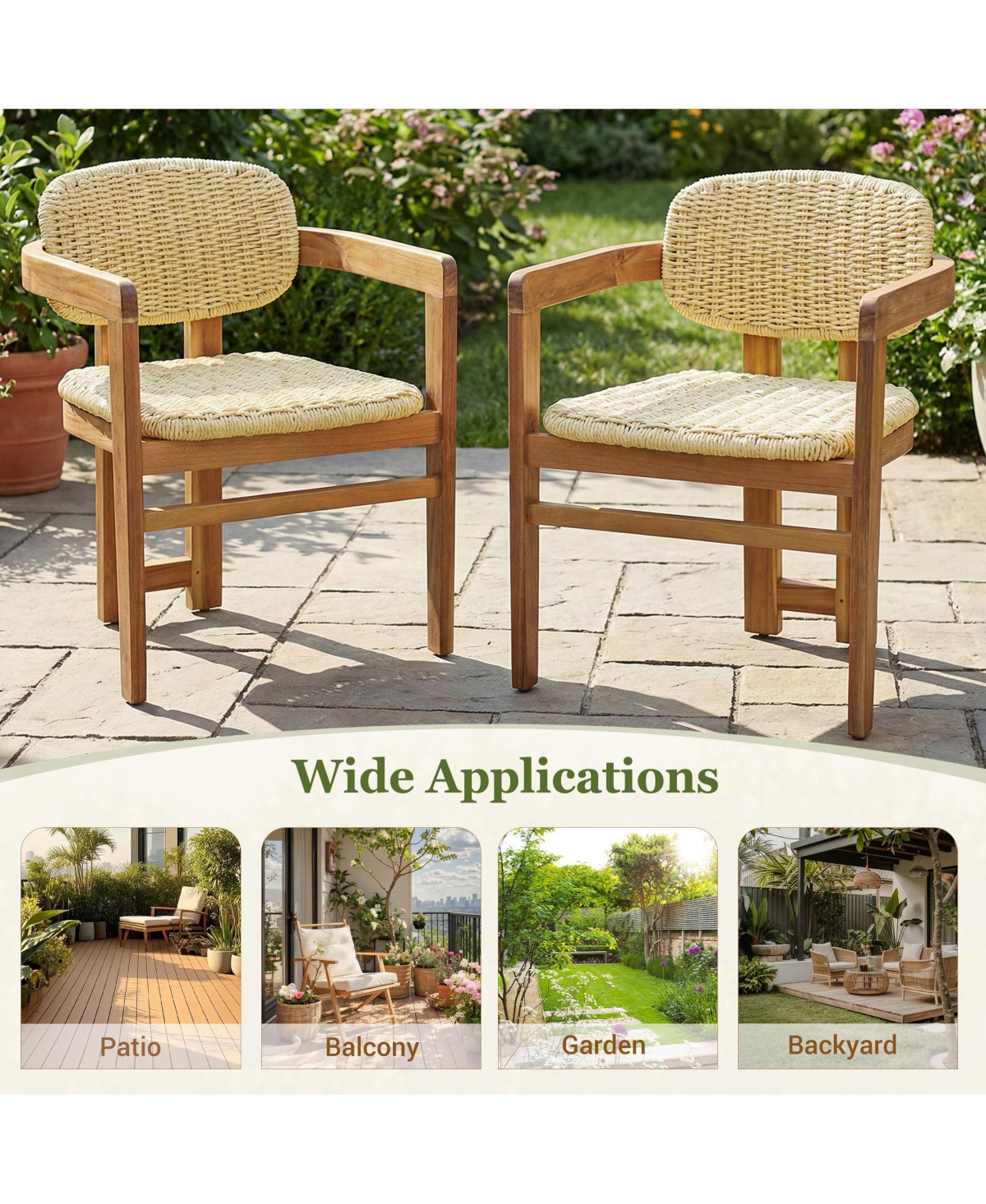 Rainsken Outdoor Woven Rattan Chair Set of 2, Comfortable Garden Seating, Acacia Wood Accent Chairs with Backrest for Backyard, Porch