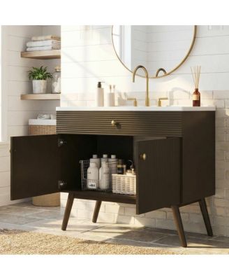 36 Inch Modern Freestanding Bathroom Vanity with Soft Close Doors, Striped Cabinet and Ceramic Sink for Luxury Storage