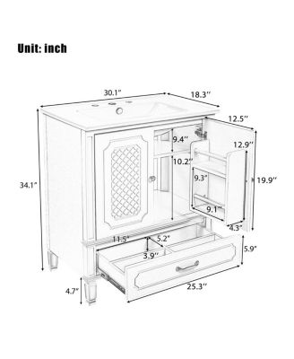30 Inch Bathroom Vanity with Sink, Acacia Wood Freestanding Cabinet, Soft Closing Door, Ceramic Top, Drawer Storage