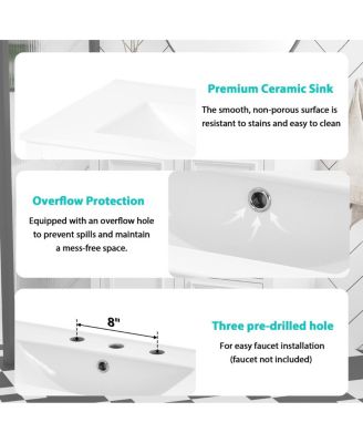 30 Inch Bathroom Vanity with Sink, Solid Wood Frame, Modern Freestanding Cabinet, Soft Close Drawers and Ceramic Top
