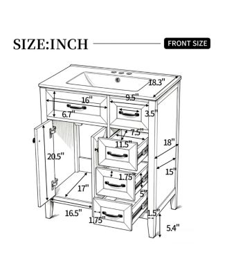30 Inch Bathroom Vanity with Sink, Modern Freestanding Cabinet, Solid Wood Legs, Ceramic Top and 3 Drawers Storage