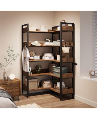 5-Tier Convertible Retro Corner Bookshelf, Dual Splicing Modes Display Storage Shelf