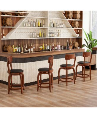 Swivel Bar Stools Set of 4 w/ Rubber Wood Frame Upholstered Seat Footrest