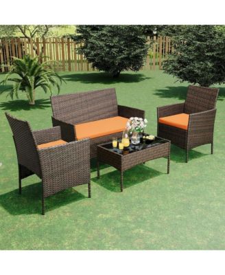 4 Pieces Patio Furniture Set, Outdoor Furniture with Soft Cushions and Coffee Table, All-Weather Rattan Outdoor Patio Set with Seats