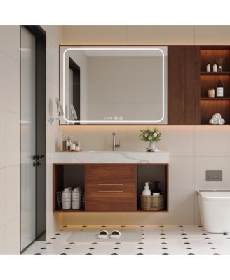 Floating Bathroom Vanity with Ceramic Sink, Sintered Stone Top, 2 Soft Close Drawers, Wall Mounted Modern Cabinet