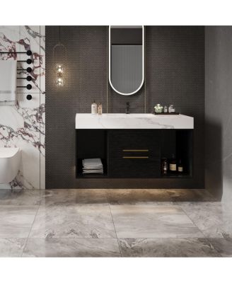 Floating Bathroom Vanity with Ceramic Sink, Sintered Stone Top, 2 Soft Close Drawers, Wall Mounted Modern Cabinet