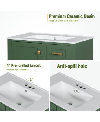Sage Green Bathroom Vanity with Ceramic Sink, Freestanding Solid Wood MDF Cabinet, 3 Drawers Soft Close Door for Small Bathrooms