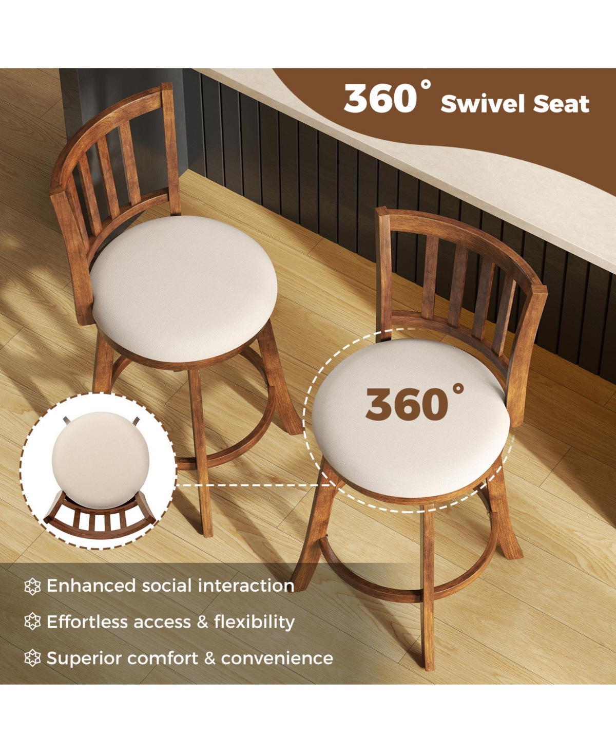 Gymax Swivel Counter Barstools Set of 2 w/Backrest and Upholstered Seat Footrest