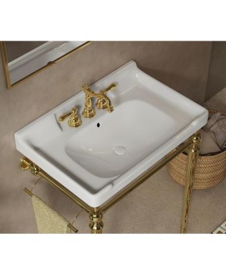 Bathroom Ceramic Sink Basin with 3 Faucet Holes, Rectangular Countertop Vanity with Overflow for Modern Bathroom
