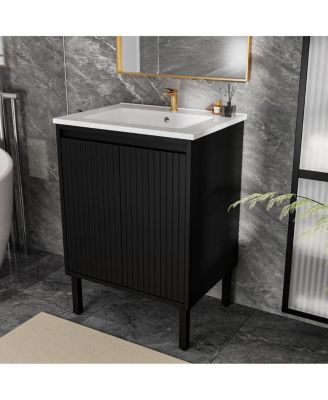 24" Bathroom Vanity with Sink, Floor Standing or Wall Mounted, Large Storage Waterproof Cabinet for Small Bathroom