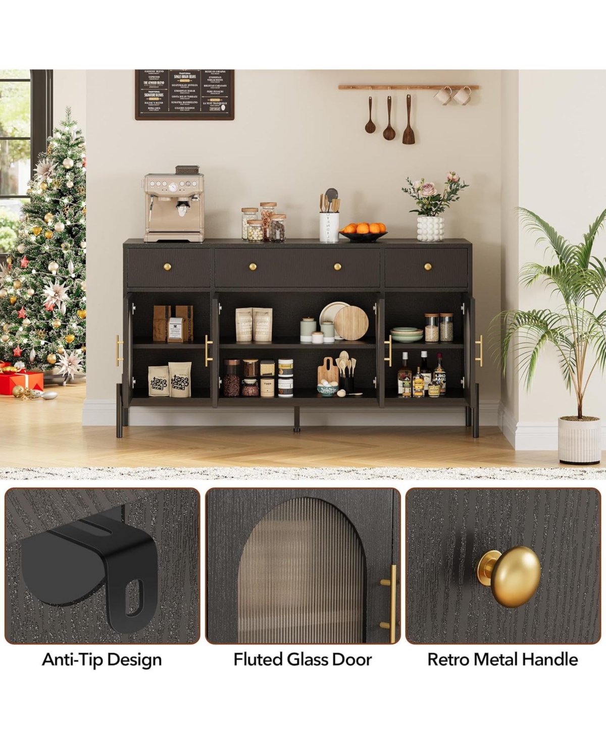 gaomon 62" Modern Sideboard Buffet Cabinet - Large Storage Console Table with Adjustable Shelves and 3 Drawers and 3 Glass Doors for Dining Room
