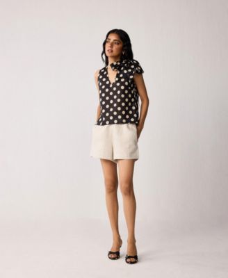 Women's Regular V-Neck Polka Dot Top with Bow Detail