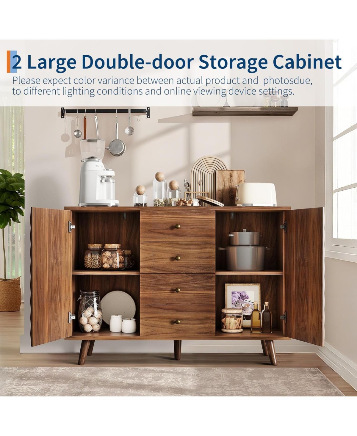 gaomon Sideboard Cabinet with 4 Drawers, Buffet Cabinet with Storage,Mid Century Modern Sideboards with 2 Door, Kitchen, Dining, Living Room