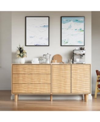 Mid Century 61" Sideboard Buffet Cabinet, Large Kitchen Storage Cabinet with Undulating Groove Design, 3 Drawers, 2 Doors and Adjustable Shelf