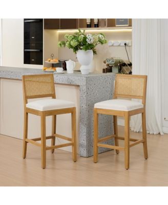French Rattan Bar Stools Set of 2 - Linen Fabric Upholstered, High-Resilience Foam and S-Springs, Counter Height Chairs for Kitchen Island