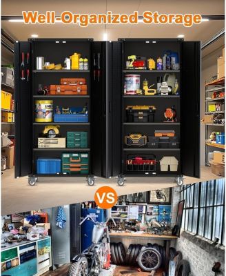 72"H Garage Storage Cabinet - 600 Lbs Weight Capacity Metal Storage Cabinet with 1.58" Reinforced Steel Frame,Magnetic Automatic Door Lock & 4
