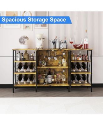 Farmhouse Wine Bar Cabinet with Wine Rack and Glass Holder, Industry Coffee Bar with Led Light, Metal Sideboard and Liquor Table Cabinet,Mesh